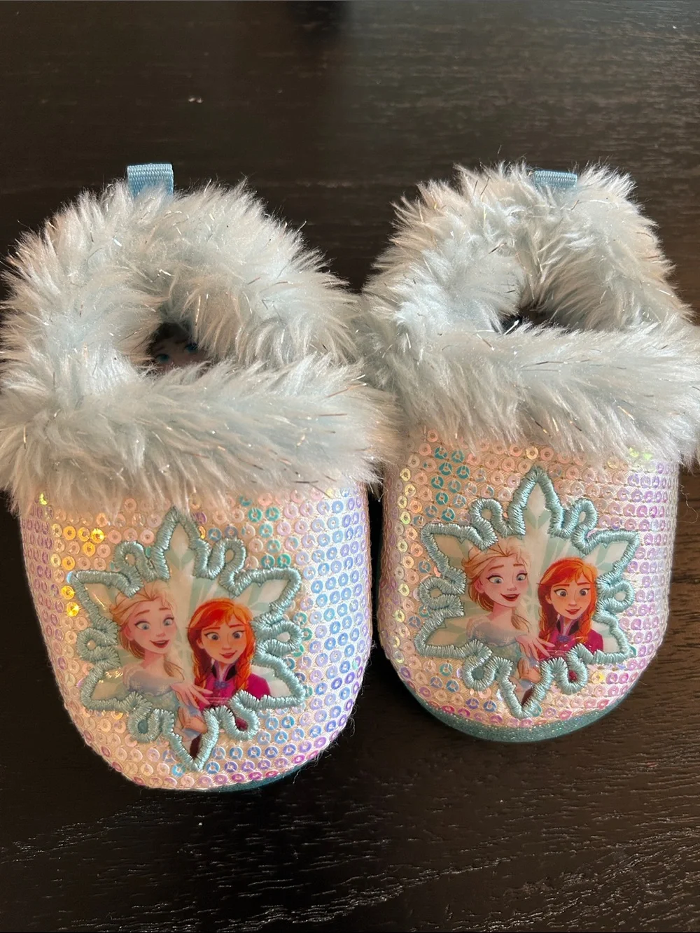 Disney Frozen Girls Sequin Faux Fur Slippers - Light Blue, Pink, Silver